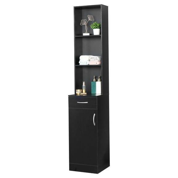 Zimtown Beauty Barber Station Makeup Hair Salon Cabinet, Freestanding Bathroom Tall Cabinet with 5 Shelves & Drawer, Black