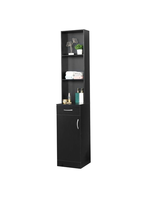 Zimtown Beauty Barber Station Makeup Hair Salon Cabinet, Freestanding Bathroom Tall Cabinet with 5 Shelves & Drawer, Black
