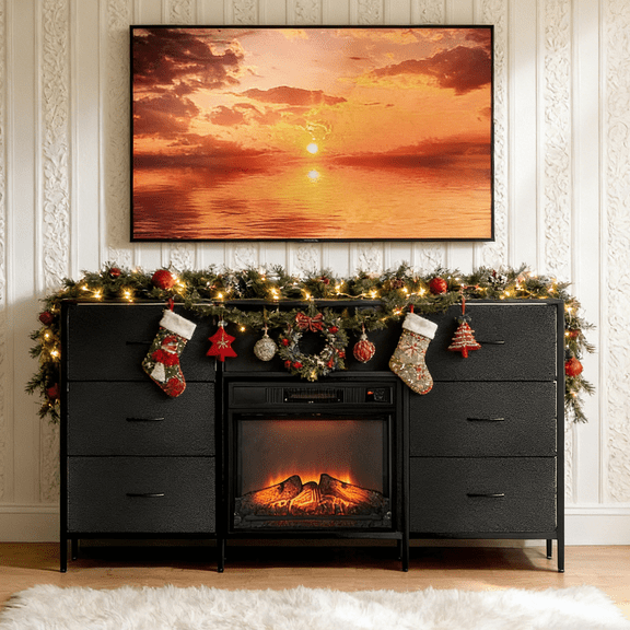 Zimtown Black Fireplace TV Stand with 6 Fabric Drawers and Shelf, Modern 58" Entertainment Center with Electric Heater for up to 65 inches TV, Metal Frame, Black