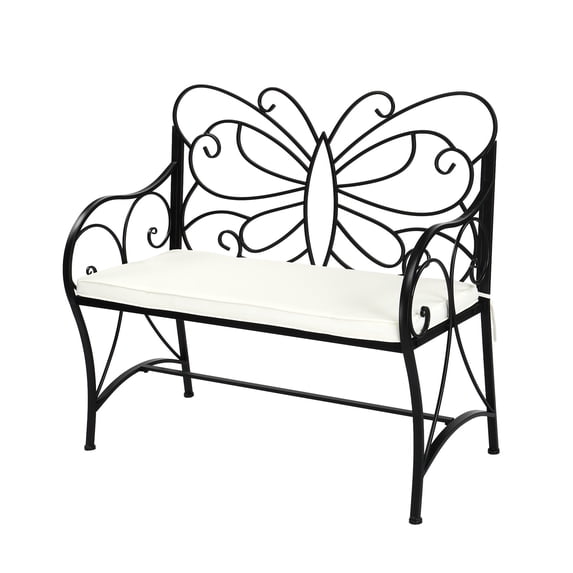 Zimtown Black Metal Outdoor Bench with Butterfly Backrest, Patio Loveseat Bench with White Cushion, Garden Porch Bench for 2 People