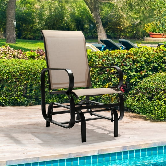 Zimtown Brown Patio Glider Chair - Single Steel Frame  Seat, Tesslin Fabric for Porch, Garden, Balcony