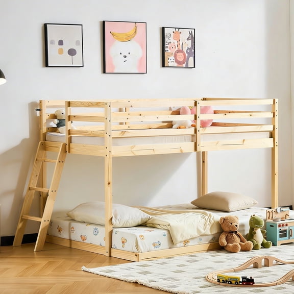 Zimtown Bunk Bed Twin Over Full with 14.57" Height Safety Guardrail, Low Floor Wood Bed Frame, Wood Color