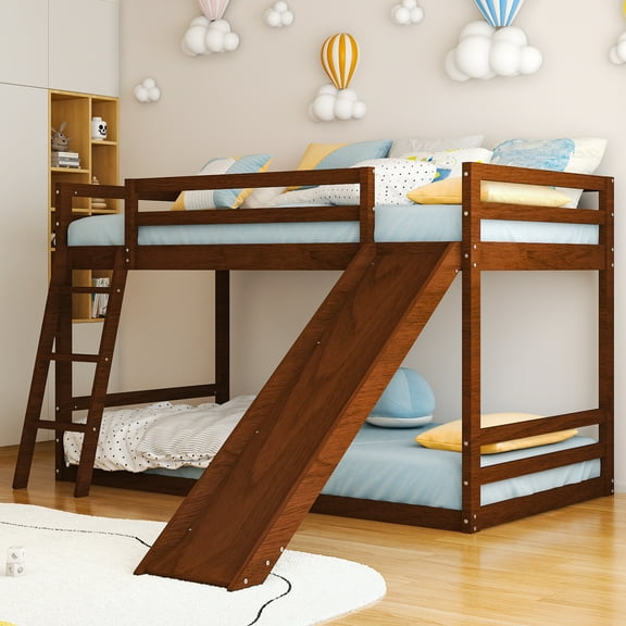 Zimtown Bunk Bed Twin Over Twin,Kids Low Floor Bed Frame with Slide for Children Boys Girls Dormitory Bedroom,No Box Spring Needed,Brown