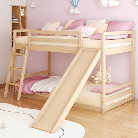 Zimtown Bunk Bed Twin Over Twin,Kids Low Floor Bed Frame with Slide for Children Boys Girls Dormitory Bedroom,No Box Spring Needed,Natural Wood