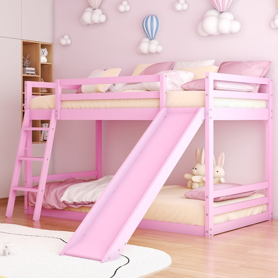Zimtown Bunk Bed Twin Over Twin,Kids Low Floor Bed Frame with Slide for Children Boys Girls Dormitory Bedroom,No Box Spring Needed,Pink