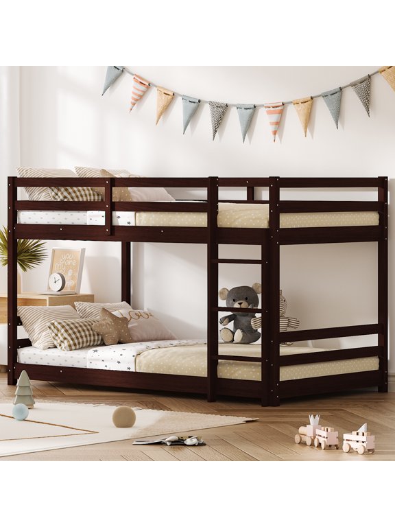 Bunk Bed Twin Over Twin,Kids Low Floor Bunk Bed with Guard Rails for Children Boys Girls Dormitory Bedroom,No Box Spring Needed,Brown