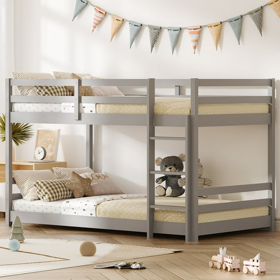 Zimtown Bunk Bed Twin Over Twin,Kids Low Floor Bunk Bed with Guard Rails for Children Boys Girls Dormitory Bedroom,No Box Spring Needed,Gray