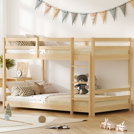 Zimtown Bunk Bed Twin Over Twin,Kids Low Floor Bunk Bed with Guard Rails for Children Boys Girls Dormitory Bedroom,No Box Spring Needed,Natural