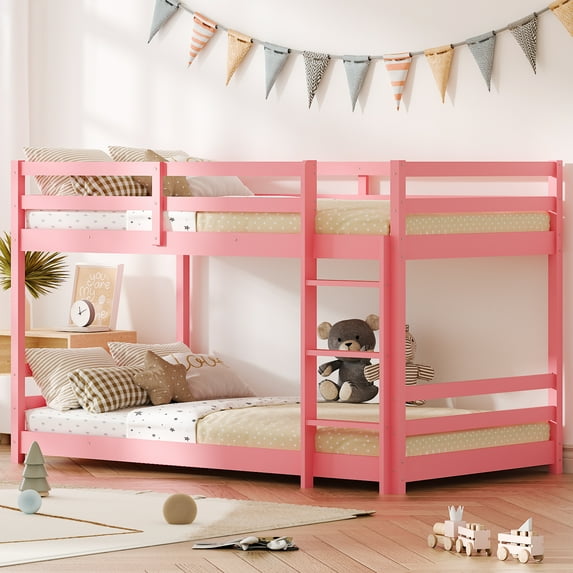 Zimtown Bunk Bed Twin Over Twin,Kids Low Floor Bunk Bed with Guard Rails for Children Boys Girls Dormitory Bedroom,No Box Spring Needed,Pink