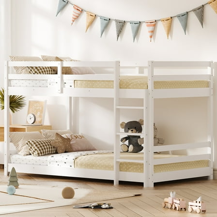 Zimtown Bunk Bed Twin Over Twin,Kids Low Floor Bunk Bed with Guard Rails for Children Boys Girls Dormitory Bedroom,No Box Spring Needed,White