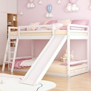 Zimtown Bunk Bed Twin Over Twin,Kids Low Floor Bunk Bed with Slide for Children Boys Girls Dormitory Bedroom,No Box Spring Needed,White