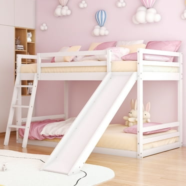 Zimtown Bunk Bed Twin Over Twin,Kids Low Floor Bunk Bed with Slide for Children Boys Girls Dormitory Bedroom,No Box Spring Needed,White