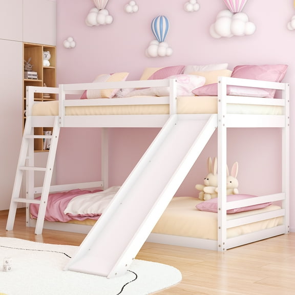 Zimtown Bunk Bed Twin Over Twin,Low Floor Bed Frame with Slide for Dormitory Bedroom,No Box Spring Needed,White