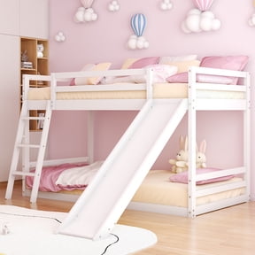 Zimtown Bunk Bed Twin Over Twin,Low Floor Bed Frame with Slide for Dormitory Bedroom,No Box Spring Needed,White