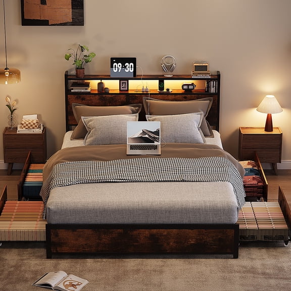 Zimtown California King Bed Frame with 2-Tier Storage Headboard, Metal Platform Bed Frame with 4 Storage Drawers, Built in Charging Station & LED, Vintage Brown