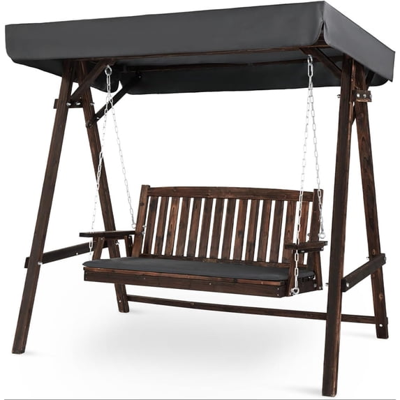 Zimtown Carbonized-Finished Fir Patio Swing Set, 2-Person Porch Swing with Canopy & Cushion for Outdoor Use