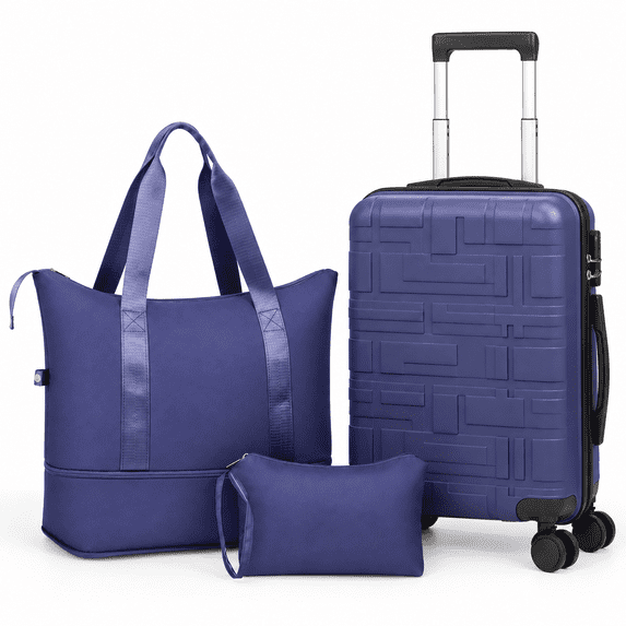 Zimtown Carry-on Luggage Set 3 Piece Lightweight Suitcase Set with Duffel Bag, PP Hard Shell Suitcase 20" Luggage Sets Spinner Wheels, Blue