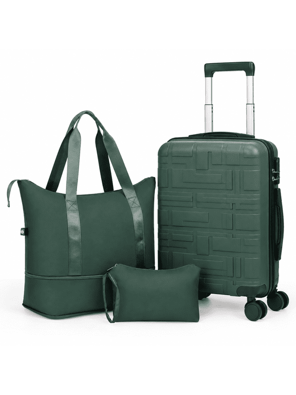 Carry-on Luggage Set 3 Piece Lightweight Suitcase Set with Duffel Bag, PP Hard Shell Suitcase 20" Luggage Sets Spinner Wheels, Green