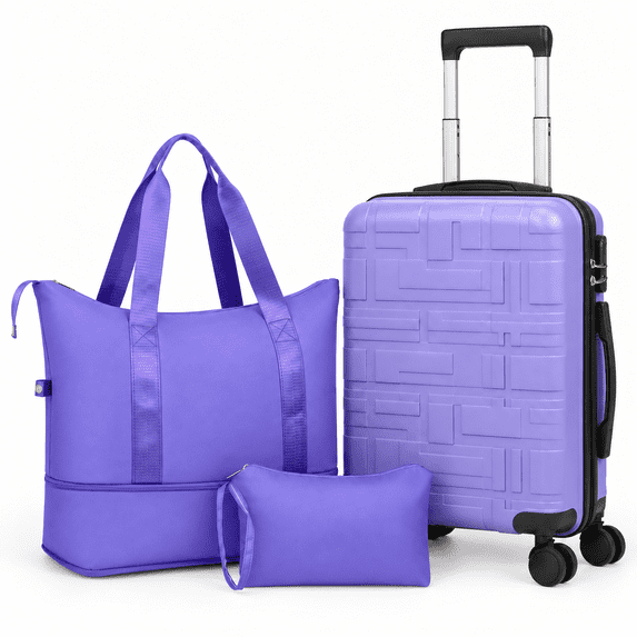 Zimtown Carry-on Luggage Set 3 Piece Lightweight Suitcase Set with Duffel Bag, PP Hard Shell Suitcase 20" Luggage Sets Spinner Wheels, Purple
