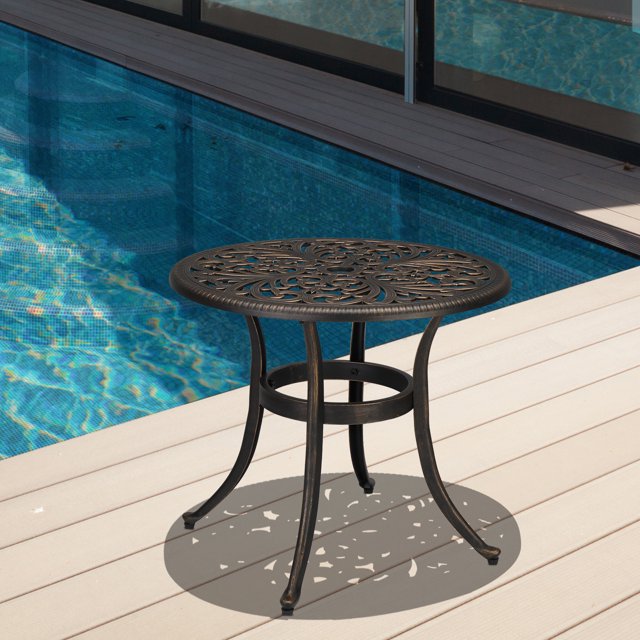 Zimtown Cast Aluminum Round Bistro Table, 23 in Outdoor Indoor Side Table with Umbrella Hole