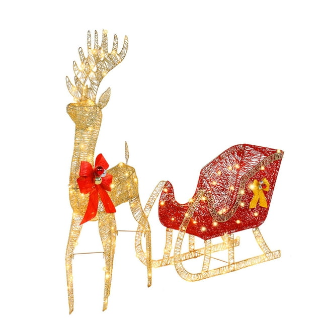 Zimtown Christmas Reindeer Set Outdoor Yard Decoration 4ft Reindeer & Sleigh LED Lights - Golden