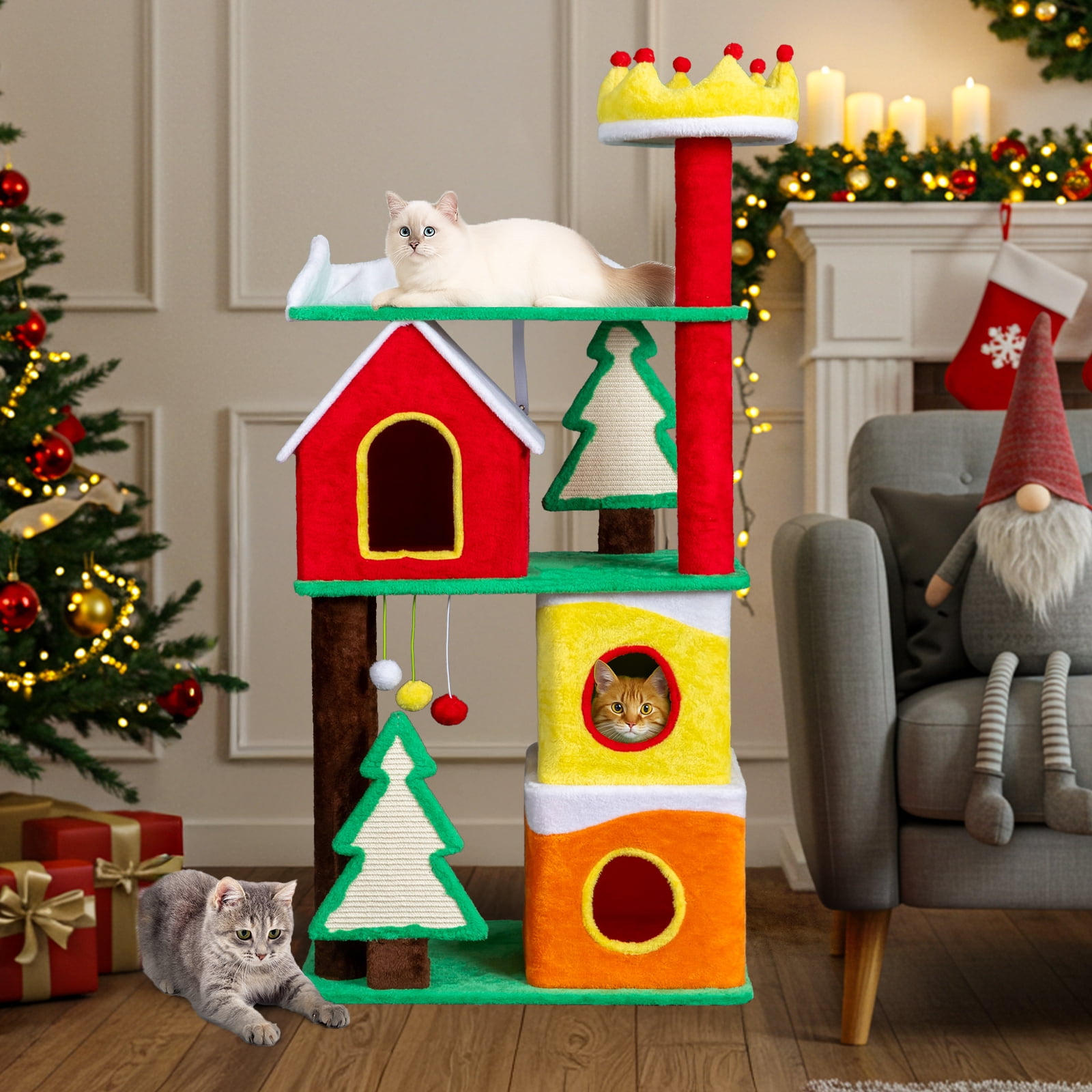 Zimtown Christmas Themed Cat Tree, 56in Multi-Level Tower with Condos, Crown Perch & Sisal Scratching Surfaces