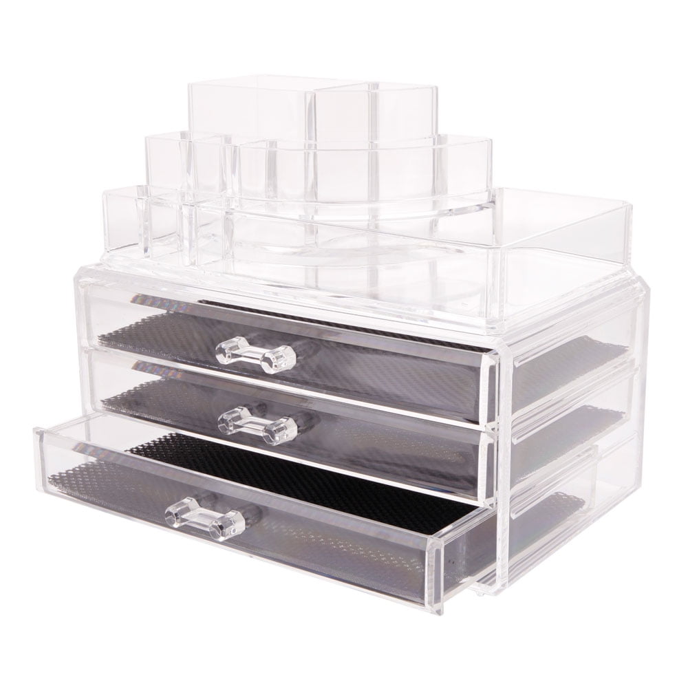 Zimtown Clear Plastic Acrylic Makeup Case Cosmetic Organizer 3 Drawers ...