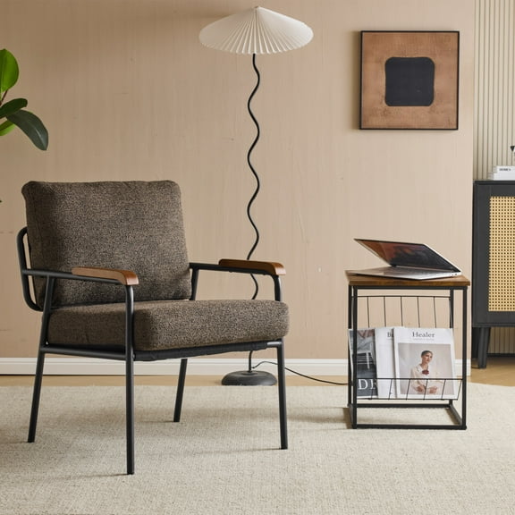 Zimtown Comfort Armchair, Linen Fabric Accent Chair, Velvet Single Sofa with Rubberwood Armrests and Metal Frame, Coffee