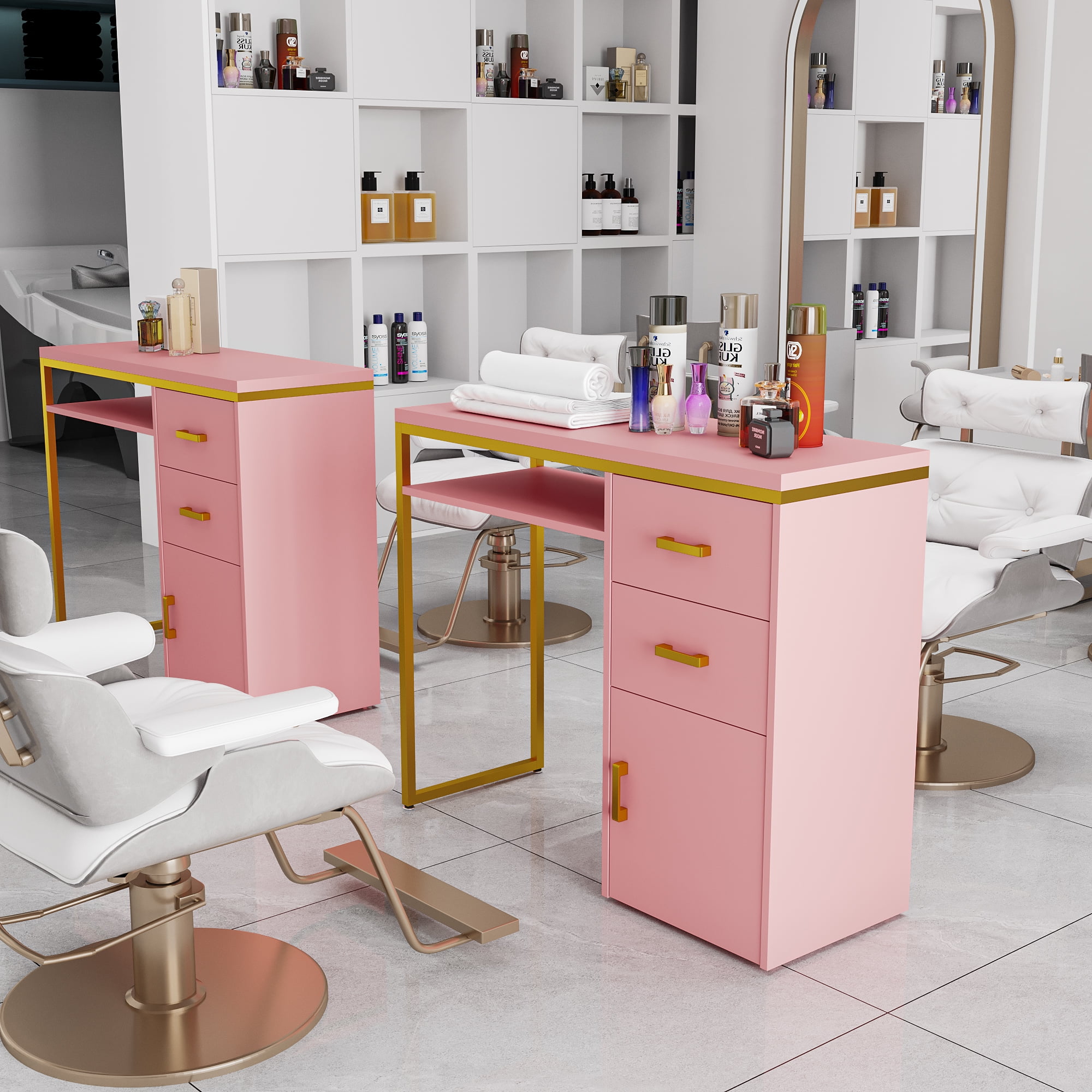 Zimtown 30.7"H Sturdy Manicure Desk Makeup Nail Computer Table with Chipboard Top Iron Frame, Pink