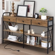 Zimtown Modern Console Table with Power Outlet, 55 Narrow Sofa Table Industrial Entryway Table with USB Ports, Behind Couch Table for Entryway, Hallway, Foyer, Living Room, Bedroom, Brown
