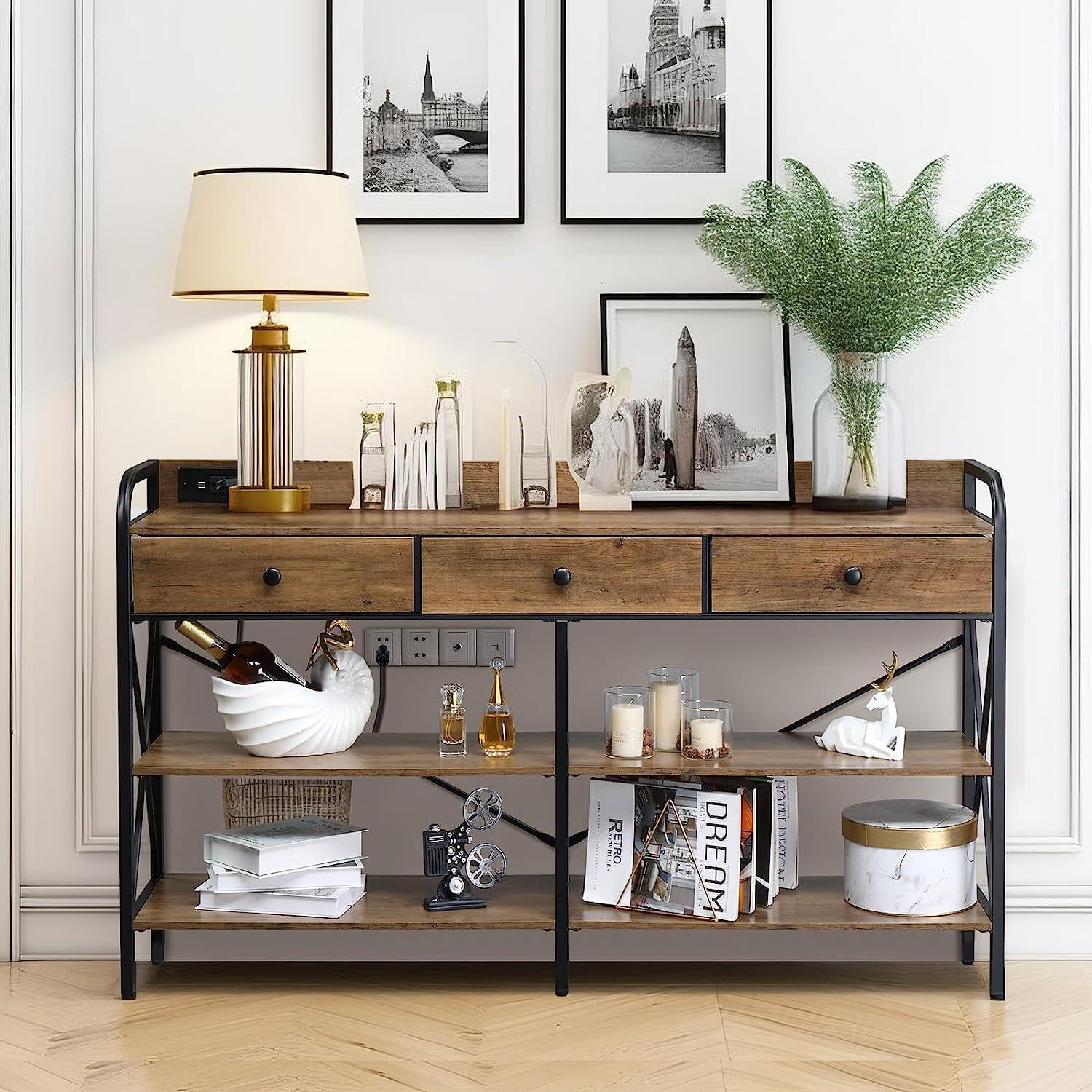 Zimtown Console Table with Power Outlet, 55" Narrow Sofa Table Industrial Entryway Table with USB Ports, Behind Couch Table for Entryway, Hallway, Foyer, Living Room, Bedroom