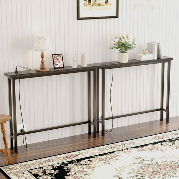 Zimtown Long Console Table with 2 Outlet and USB, Narrow Sofa Table for Living Room, 78" Narrow Entryway Table, Black