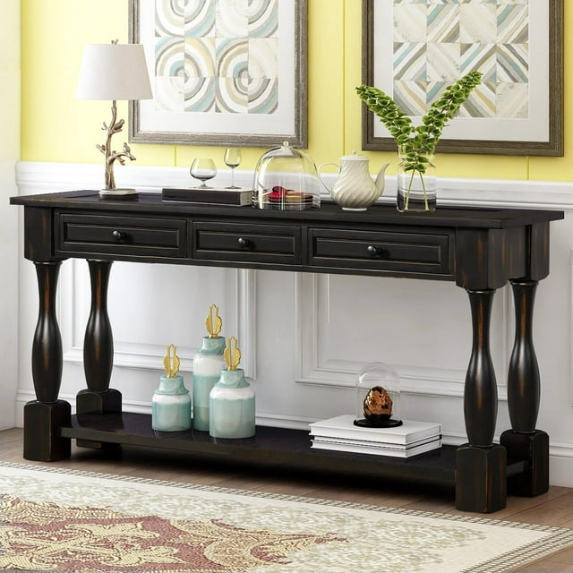 Zimtown Contemporary Console Table Sofa Table Side Desk with 3 Storage Drawers and Low Shelf