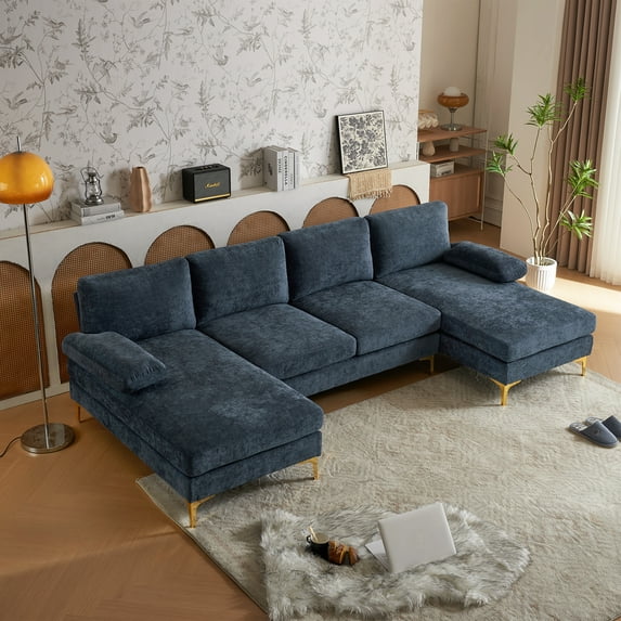Zimtown Convertible Sectional Sofa,U Shaped Couch with Double Reversible Chaise, Chenille Fabric Fabric Sectional Couch with Metal Feet Gray-Blue