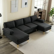 Zimtown Convertible Sectional Sofa,U Shaped Couch with Double Reversible Chaise, Soft Linen Fabric Sectional Couch with Metal Feet Black