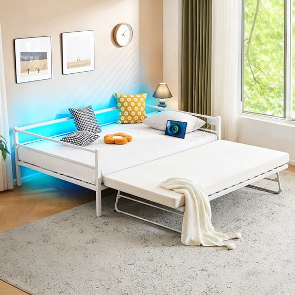 Zimtown Daybed with Trundle Included, Full Size Metal Daybed Frame with Pull out Trundle Bed, No Box Spring Needed,White