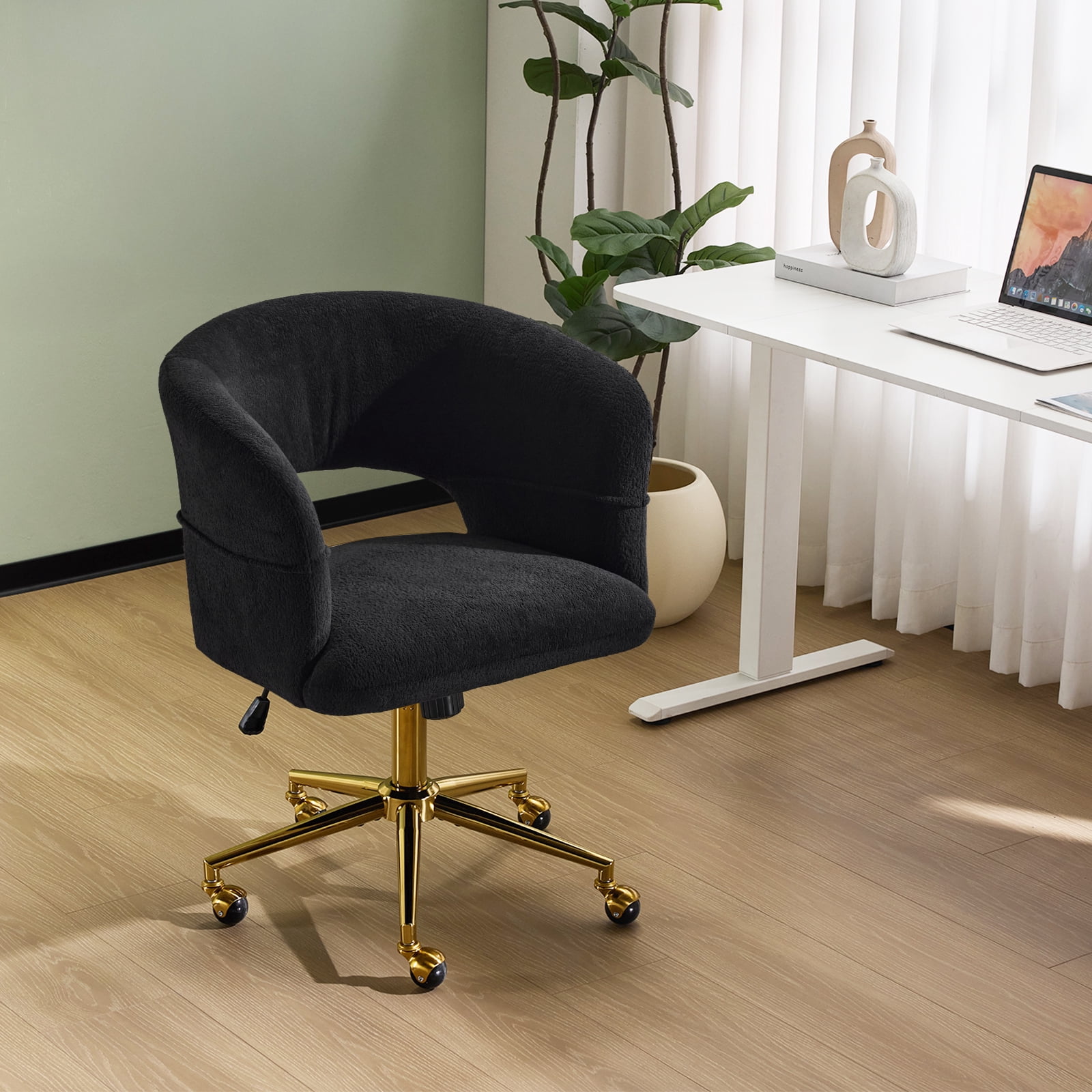 Zimtown Desk Chair with 360 Swivel Adjustable Flannel Accent Chair for Vanity Bedroom Office, Black