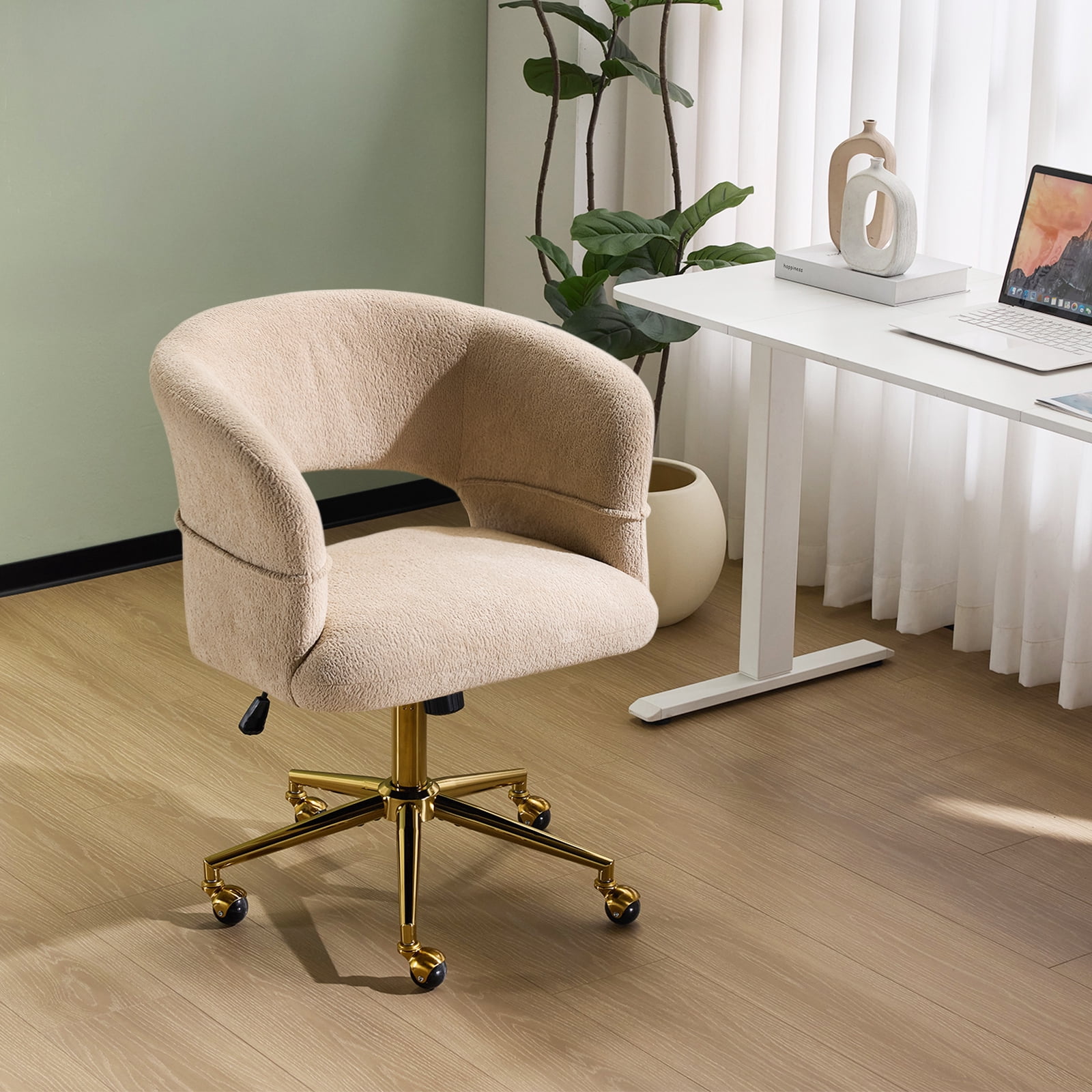 Zimtown Desk Chair with 360 Swivel Adjustable Flannel Accent Chair for Vanity Bedroom Office,  Khaki
