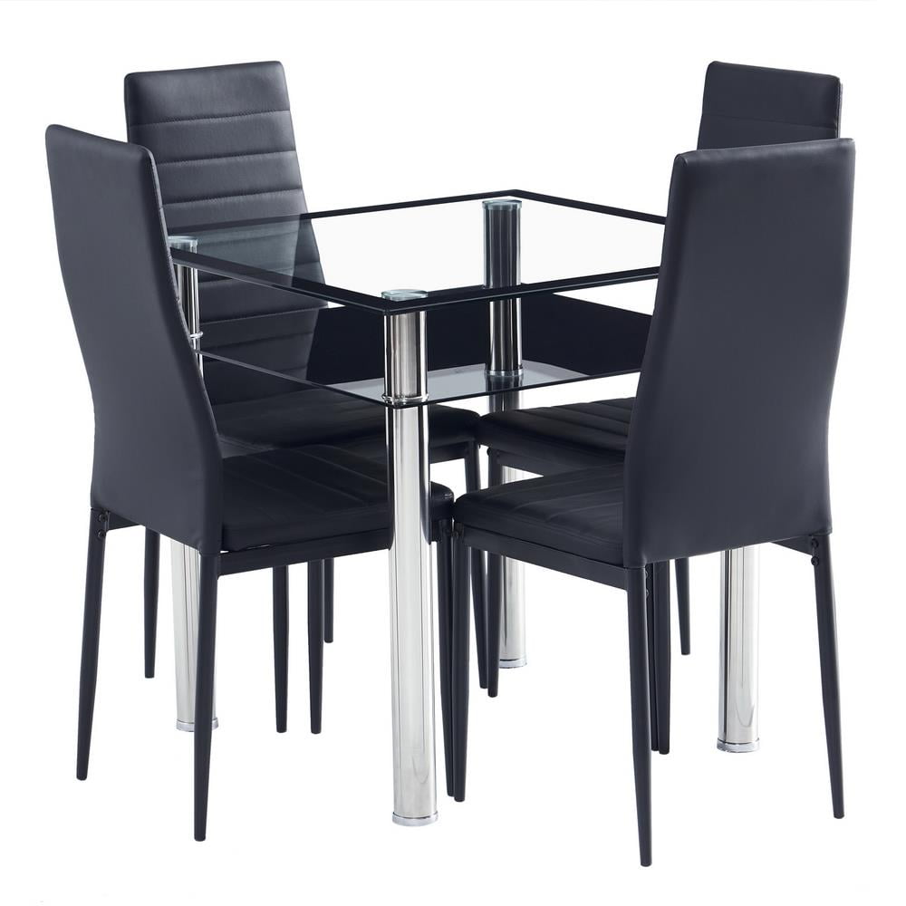 Zimtown Dining Table Set with Chairs, Square Glass Table Set Modern Tempered Glass Top Table