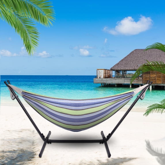 Zimtown Double Hammock with 9 ft Stand Space Saving Carrying Case (Yellow Stripe)