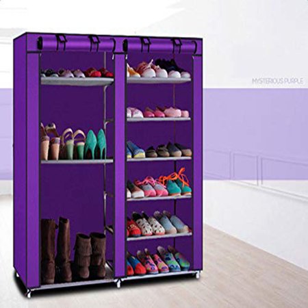 Zimtown Double Row 9 Grids Shoe Cabinet 6 Layers Shoe Rack Shoe Shelf 27 Pairs Shoe Storage Organizer Space Saving Shoes Tower with Non-woven Fabric Cover Closet, Purple
