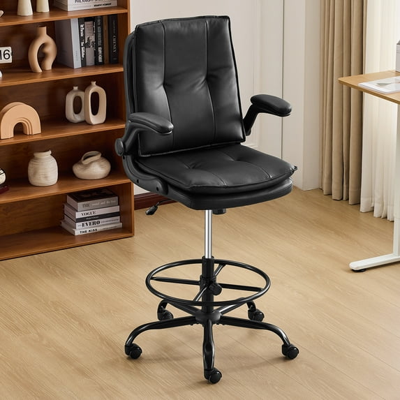 Zimtown Drafting Chair, Adjustable Tall Office Chair with Flip-up Armrests, PU Desk Chair with Footrest, Black