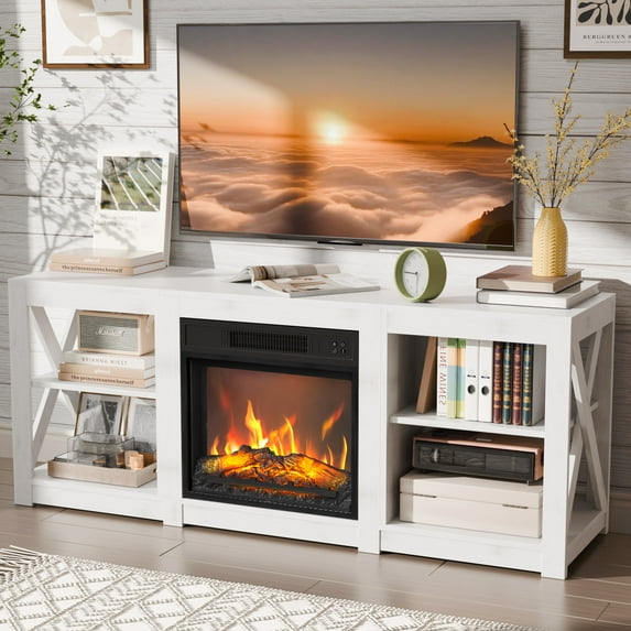 Zimtown Farmhouse Electric Fireplace Entertainment Media Center, Storage TV Console Table for 55/60/65/70 TVs, Accent White
