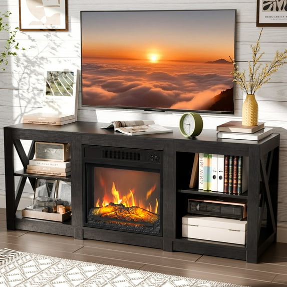 Zimtown Farmhouse Electric Fireplace Entertainment Media Center, Storage TV Console Table for 55/60/65/70 TVs, Black