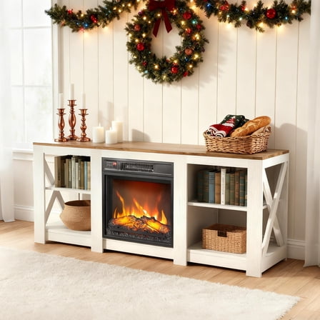 Zimtown Farmhouse Fireplace TV Stand for 65inches TV, X Design Open Shelves Entertainment Center with Electric Fireplace Heating for Living Room, Bedroom, Washed White