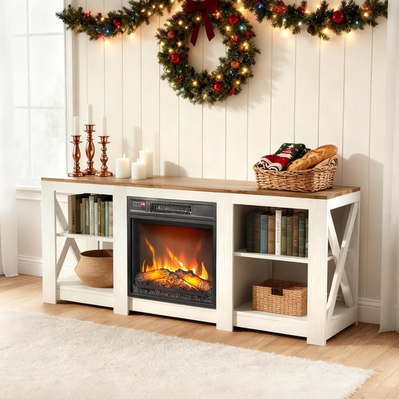Zimtown Farmhouse Fireplace TV Stand for 65inches TV, X Design Open Shelves Entertainment Center with Electric Fireplace Heating for Living Room, Bedroom, Washed White