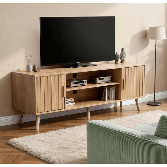 Zimtown Farmhouse TV Stand with 2 Fluted Doors, 58" Mid-Century Television Stand for 60inches TV, Light Oak Wood Television Stand with Storage