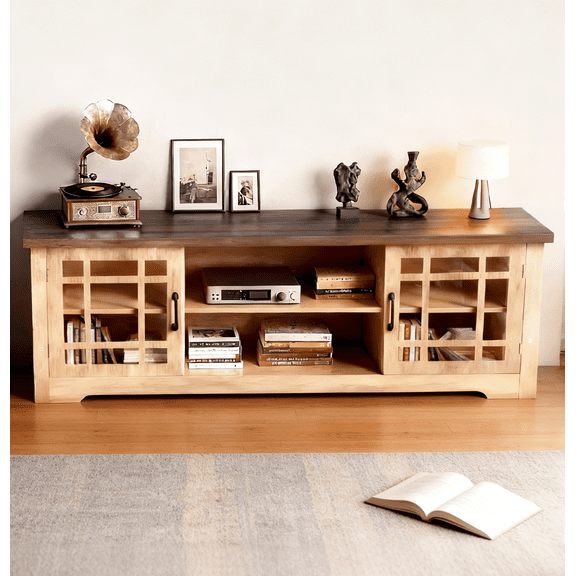 Zimtown Farmhouse TV Stand with 2 Glass Doors, Rustic Brown Wooden TV Stand for Living Room, Entertainment Center for 55/60/65 Inch TV with Storage