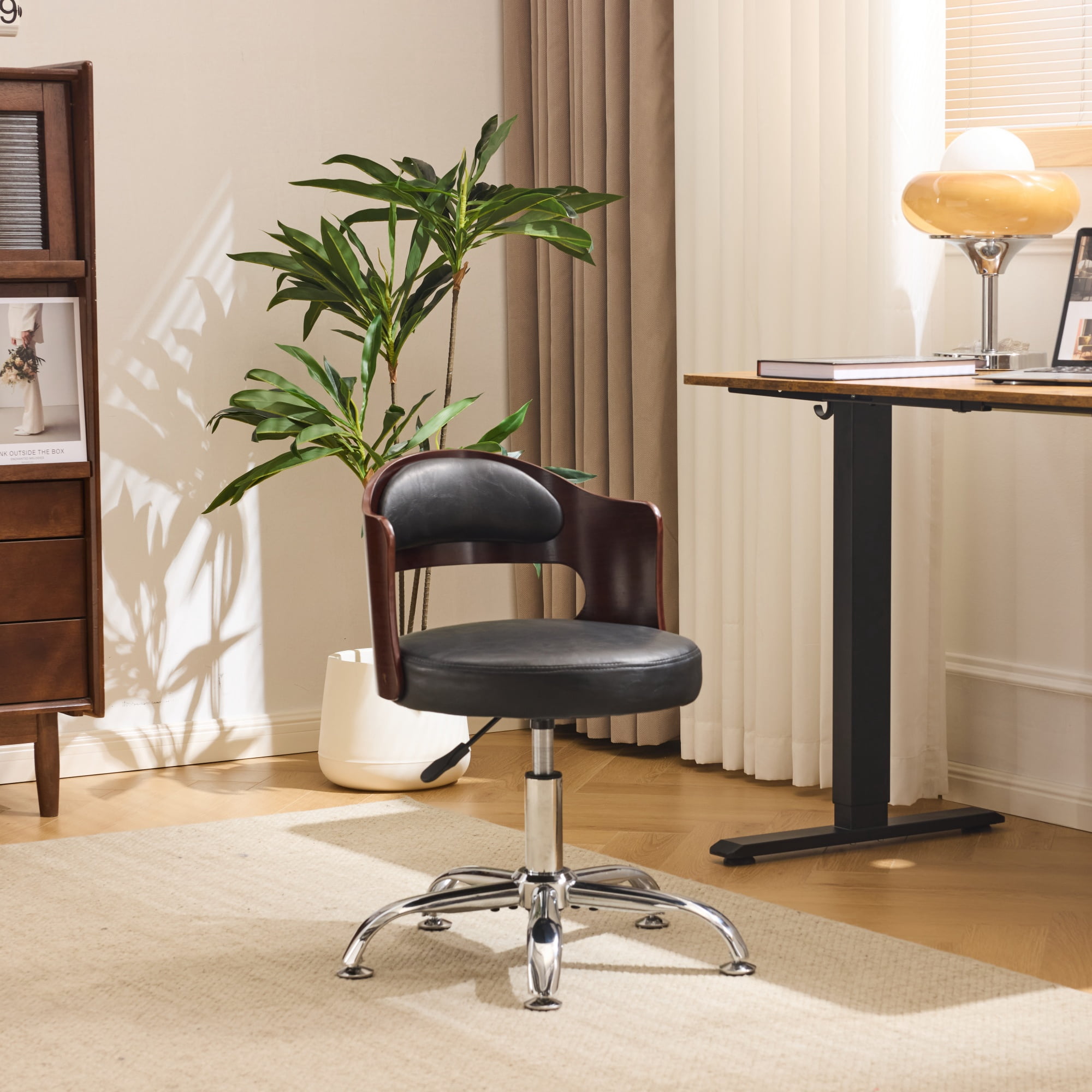 Zimtown Faux Leather Home Office Desk Chair, Swivel Rolling Computer Chair, Adjustable Vanity Chair Modern Task Chair for Adults, Black