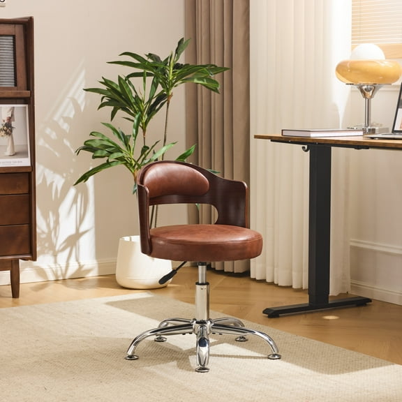 Zimtown Faux Leather Home Office Desk Chair, Swivel Rolling Computer Chair, Adjustable Vanity Chair Modern Task Chair for Adults, Brown